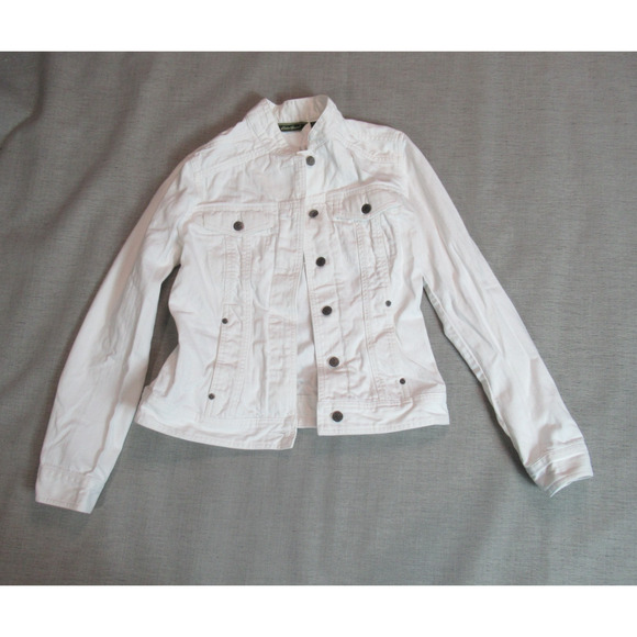 Eddie Bauer Denim Jacket Womens Small White Jean Button Up Summer Preppy Modern - Picture 1 of 6